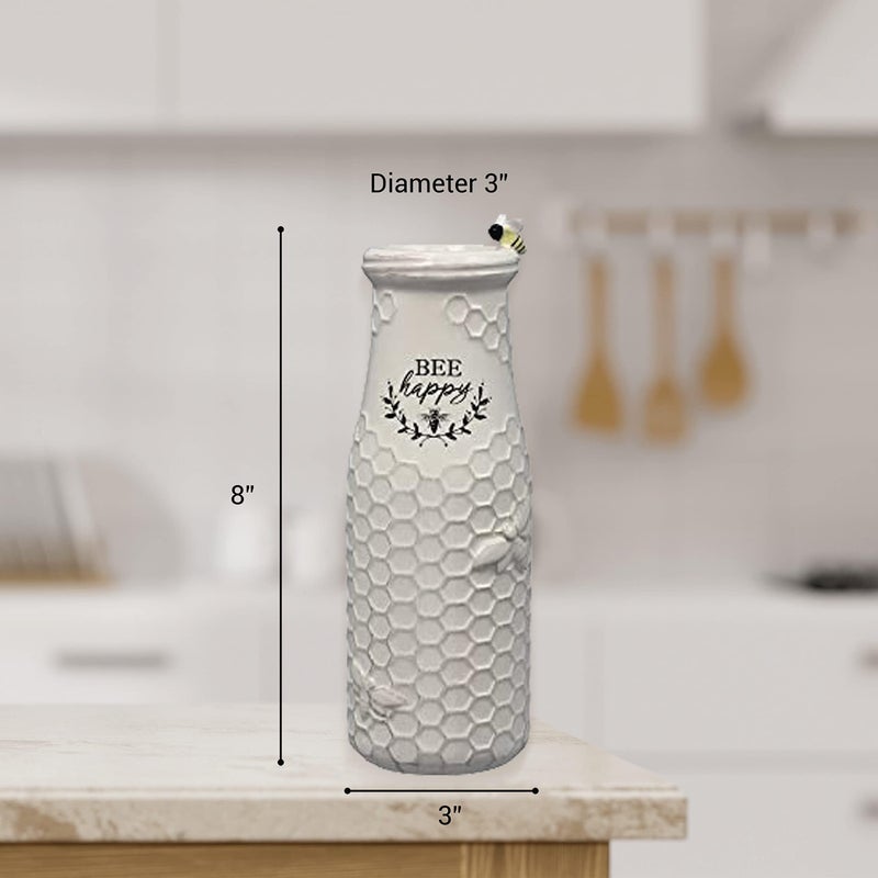 Young's Inc. Ceramic Flower Vase (Bee Happy) - White Ceramic Vase - Honeycomb Decor - 3" L x 3" W x 8" H Contains one Flower vase - Image 5